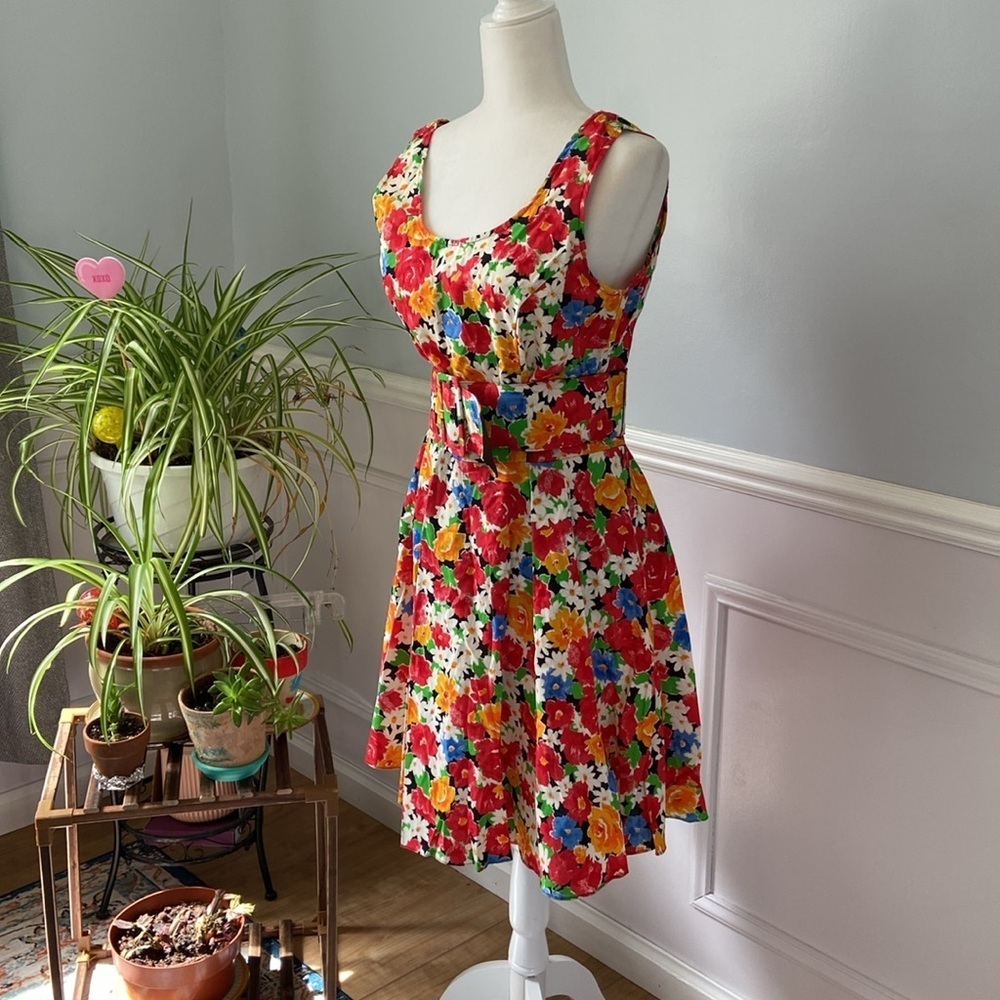 Vintage Paris Sport Club Skater Dress Mini Floral Belted Size 10 A-Line Black - Picture 9 of 15